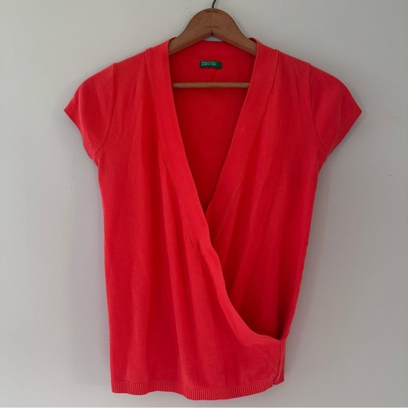 United Colors Of Benetton Tops - Benetton Made in Italy Cotton Open Front Crossover Short Sleeve Shirt Sweater